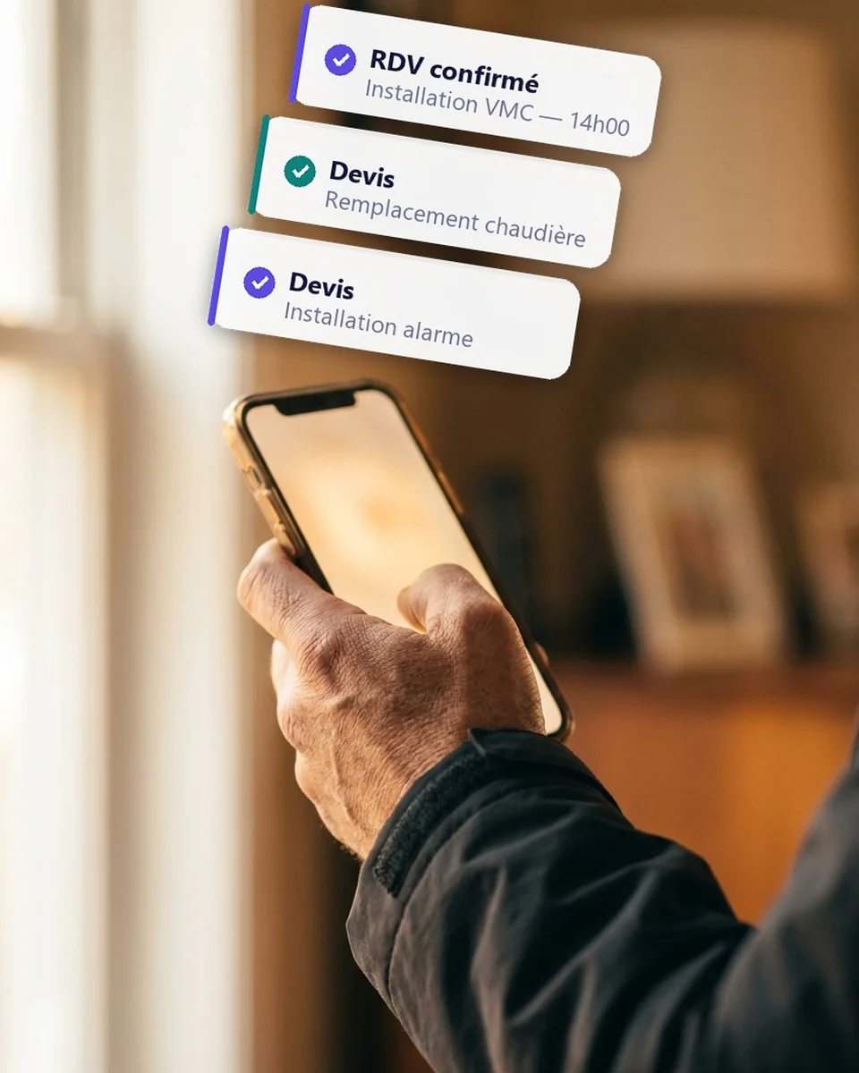 Devis et rendez-vous générés automatiquement, notifiés sur le téléphone d'un client d'Incubateur Digital